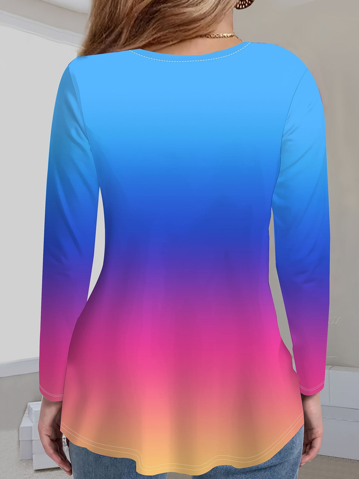 Geneieys | Long Sleeve V-Neck Gradient T-Shirt