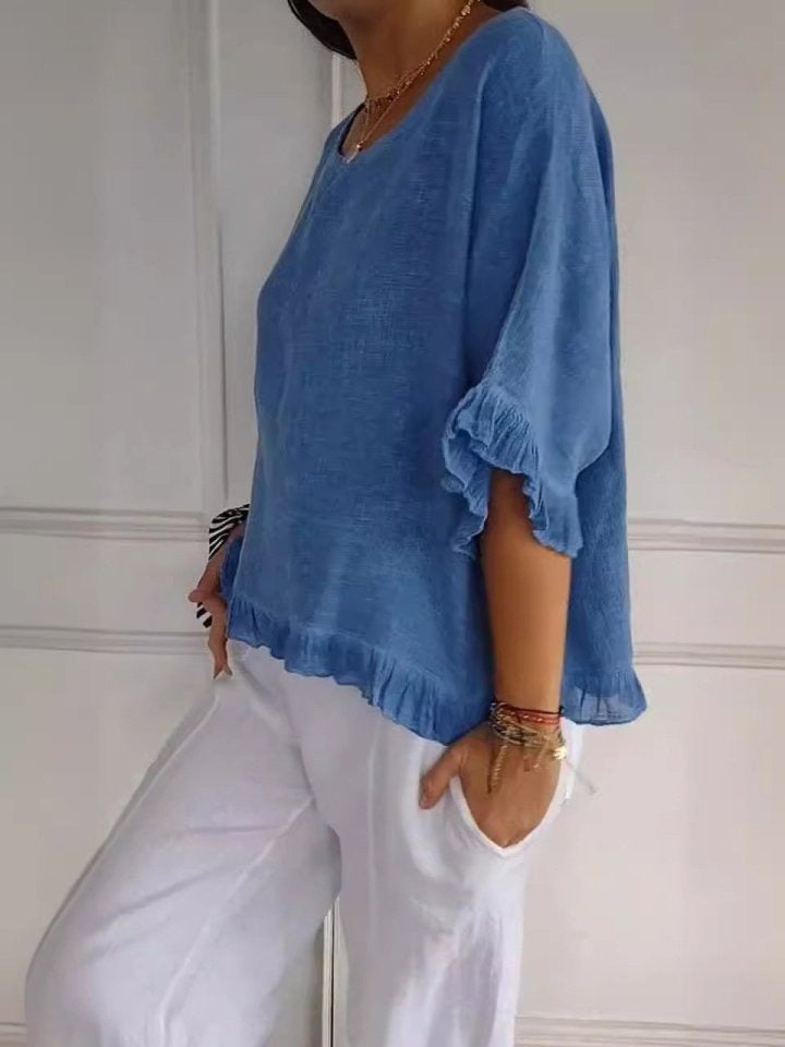 Pierrette | Blouse Ruffle Hem Batwing Sleeve Top
