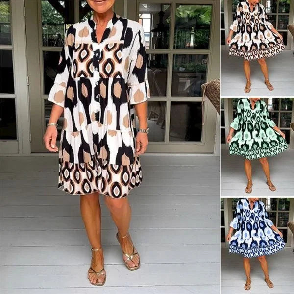 kinza | Printed V Neck Tiered Midi Dress