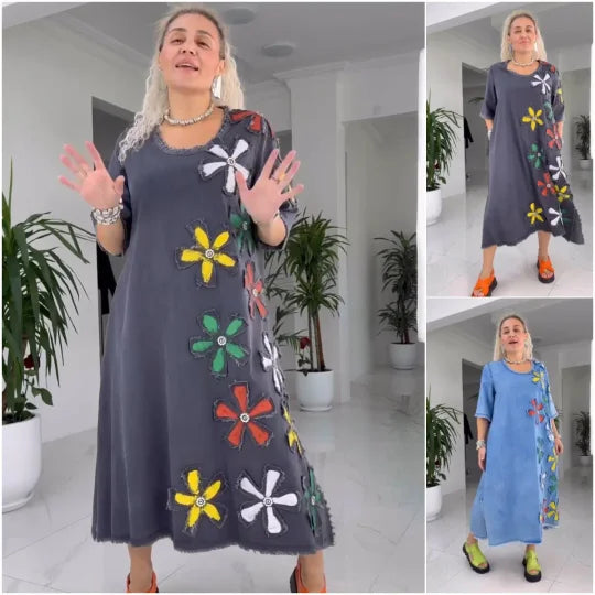 Jiella | Floral Pattern Round Neck Midi Dress