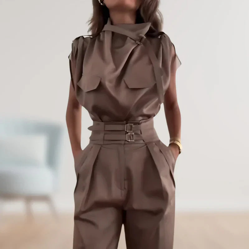 Reinhild | Sleeveless High Neck Belted Two Piece Set