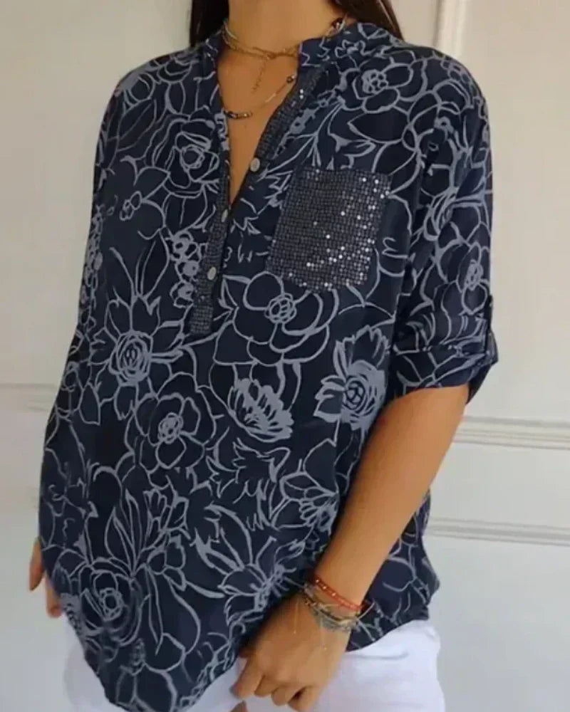 Narese | Floral Print V-Neck Roll Sleeve Blouse