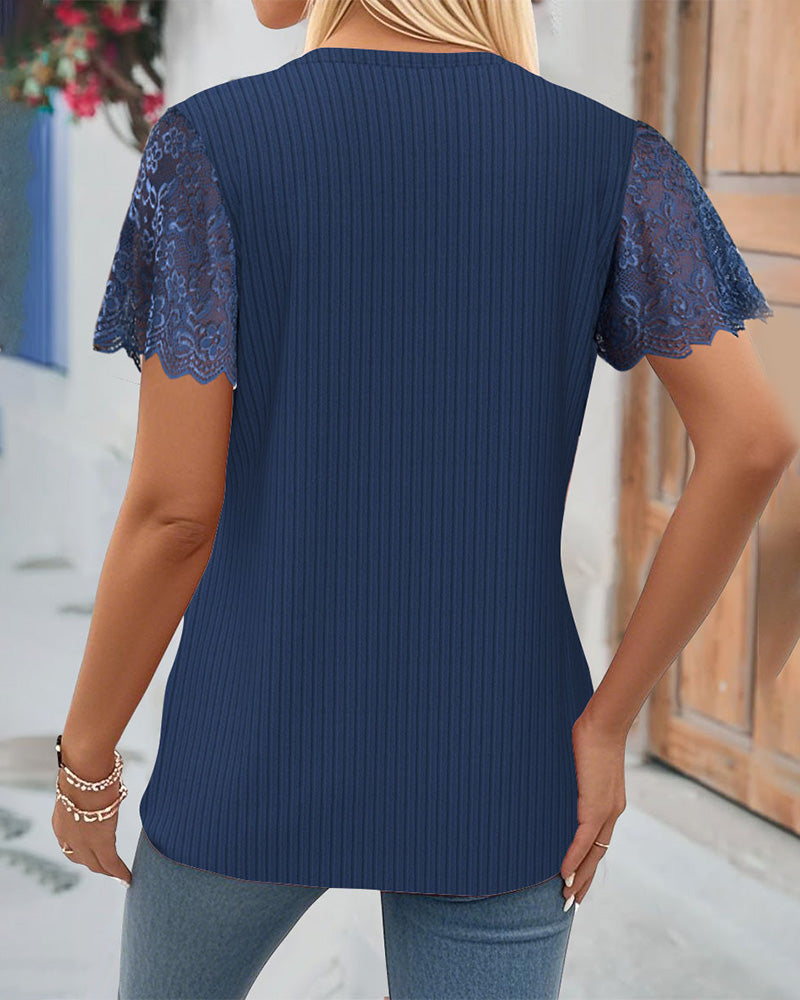 Lynza - Ribbed Lace Sleeve Keyhole T Shirt