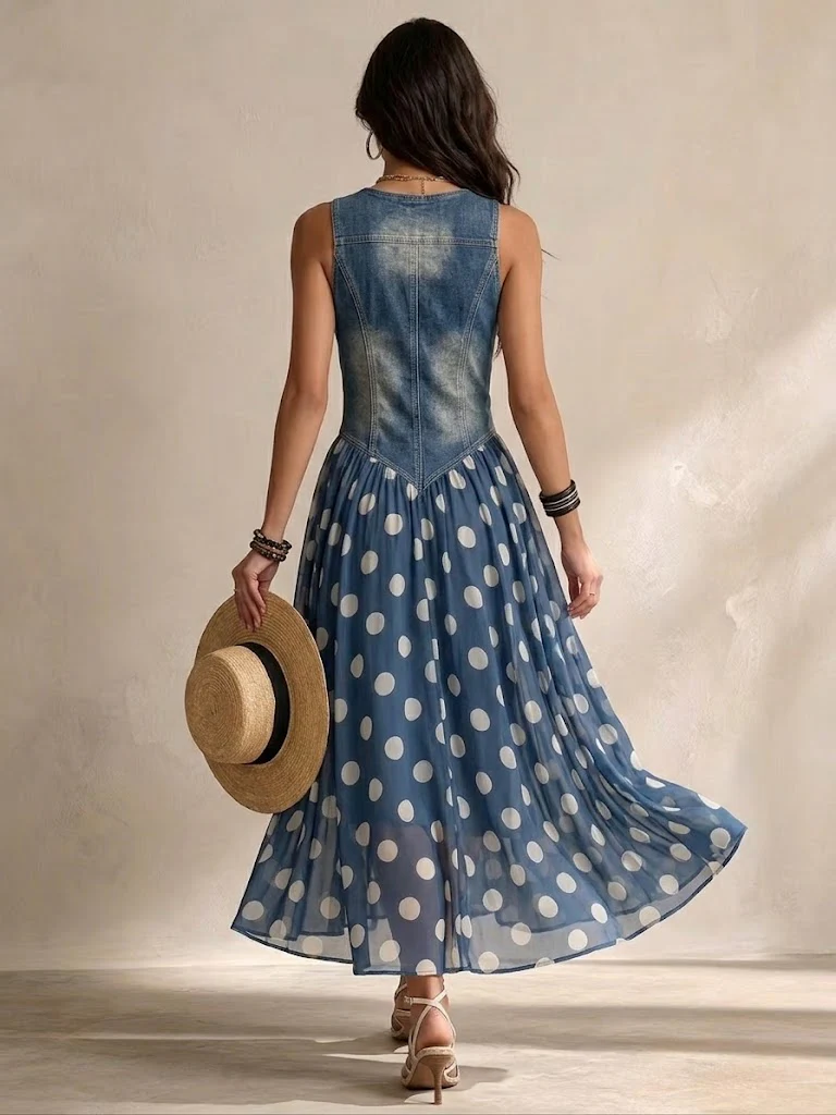 Vylina | Dress with Denim-Style Bodice and Polka-Dot Skirt