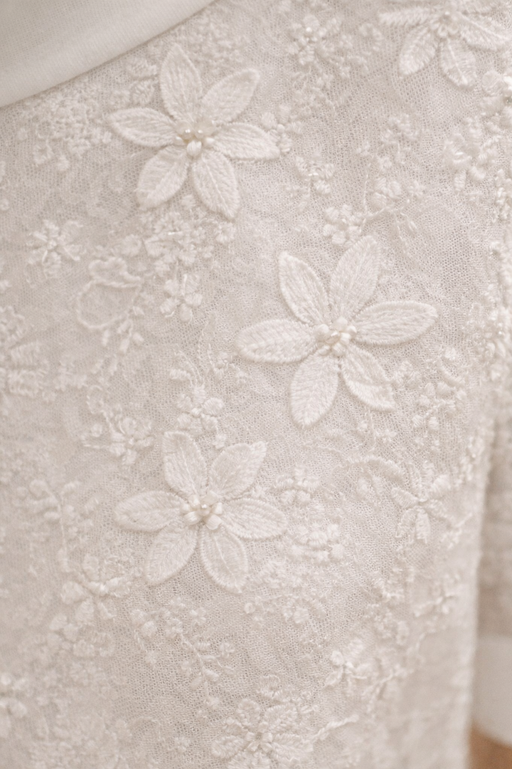 Minulya | Floral Embroidered High Neck Short Sleeve Blouse