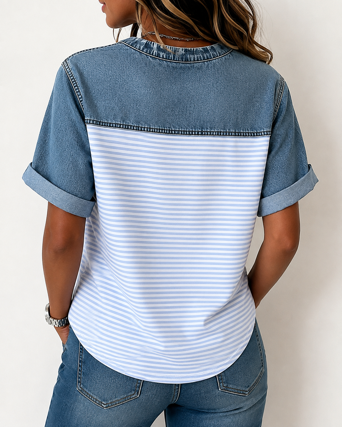 Tessie | Striped Panel Denim-Style Short Sleeve Blouse