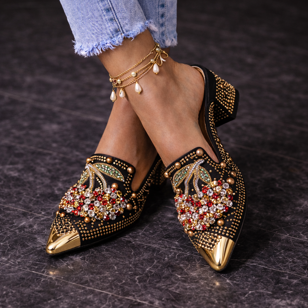 Aysu - Rhinestone Cherry Pointed Toe Mule Loafers