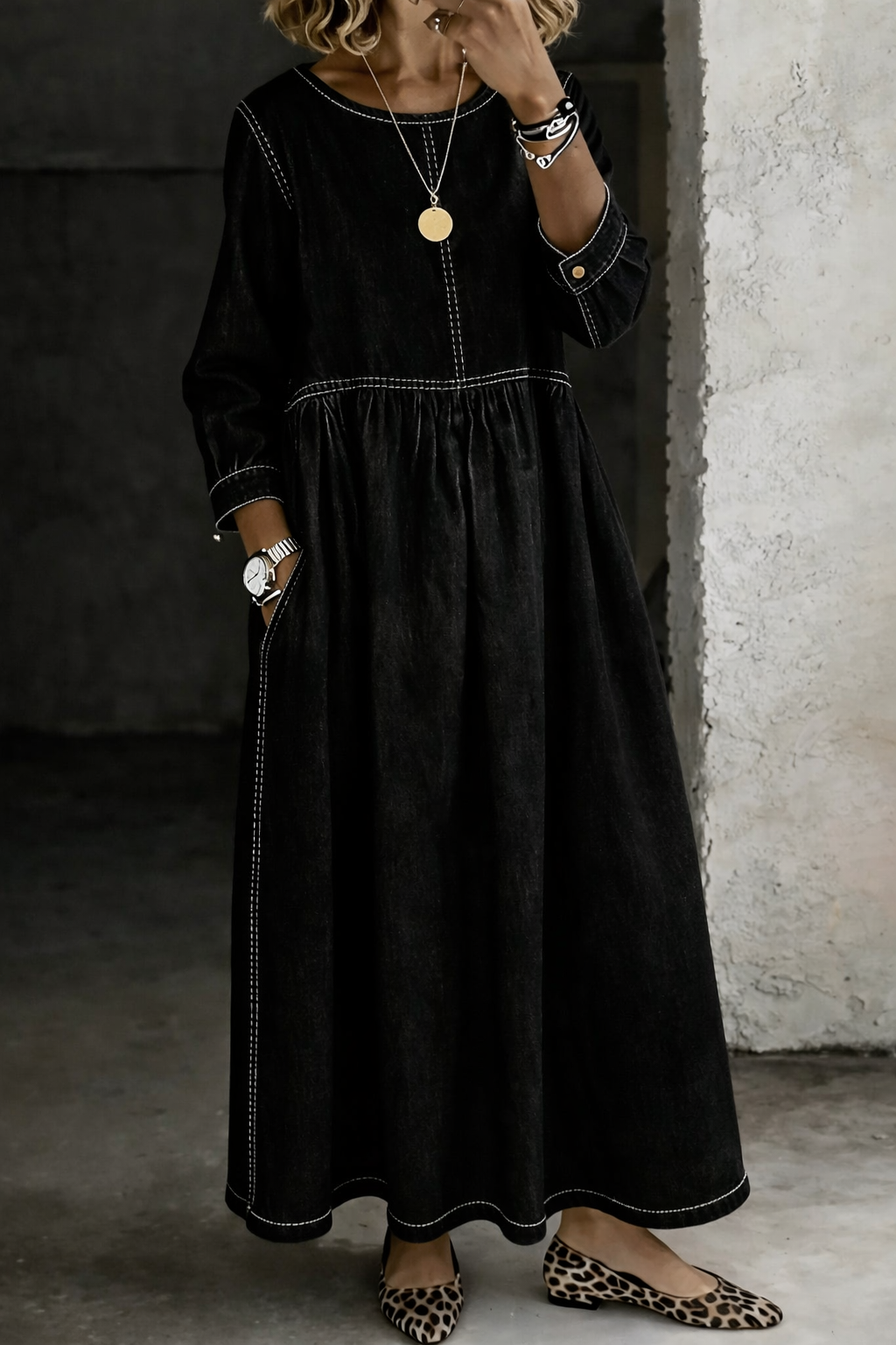 Stelzer | Denim-Style Round Neck Maxi Dress