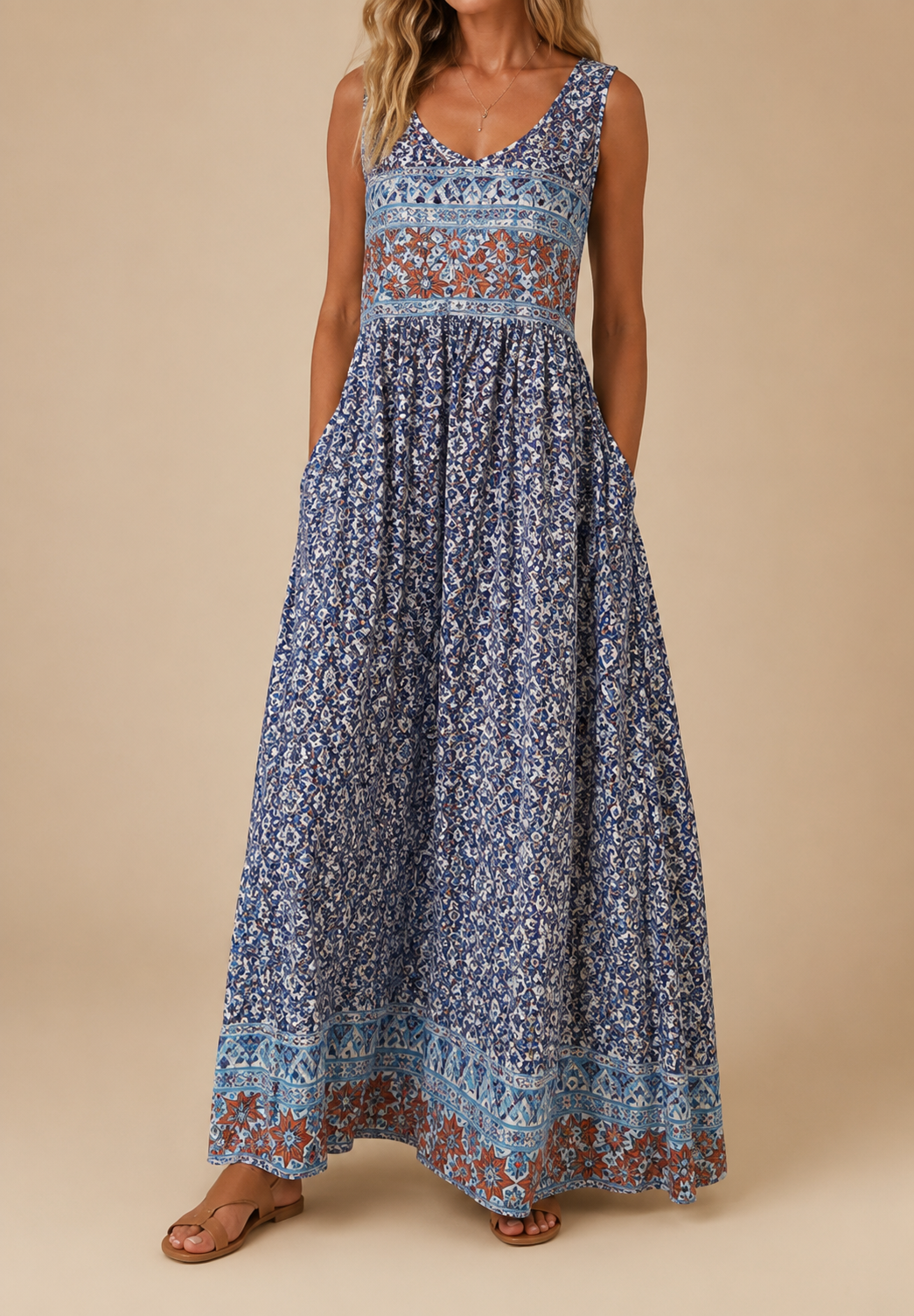 Raqual | Sleeveless Floral Print Maxi Dress Pockets