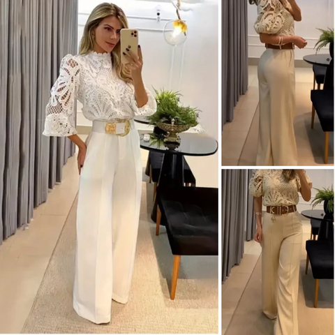 Sherrie | Two Piece Lace Top Wide Leg Trouser Set