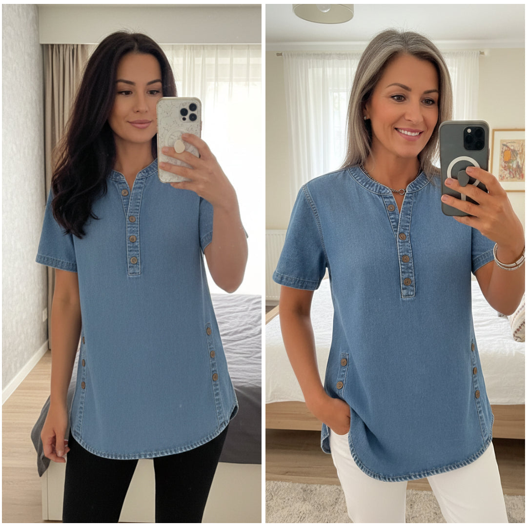 Julina | Denim Henley Short Sleeve Shirt