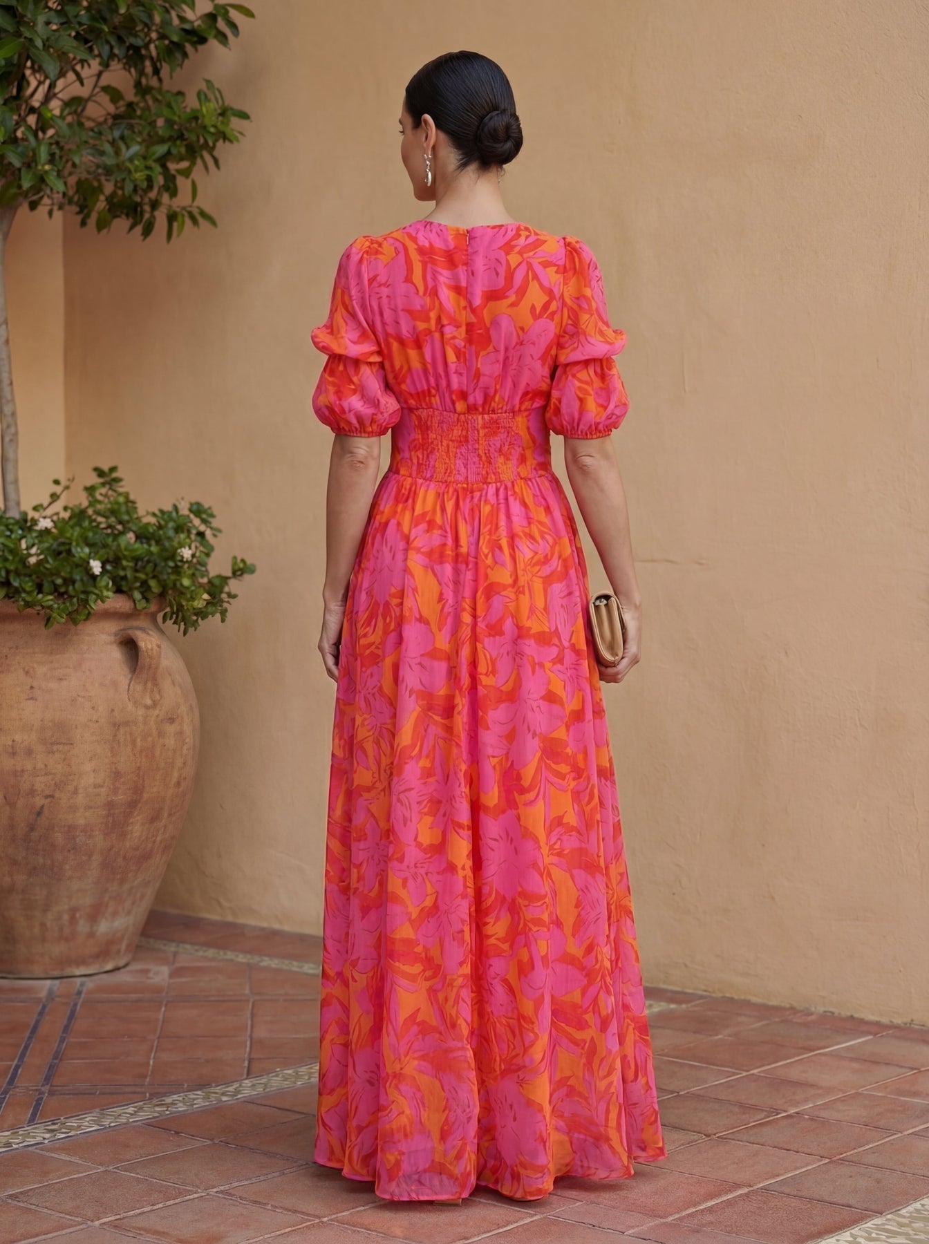 Zinnia | Maxi Dress Pink Orange Floral V Neck