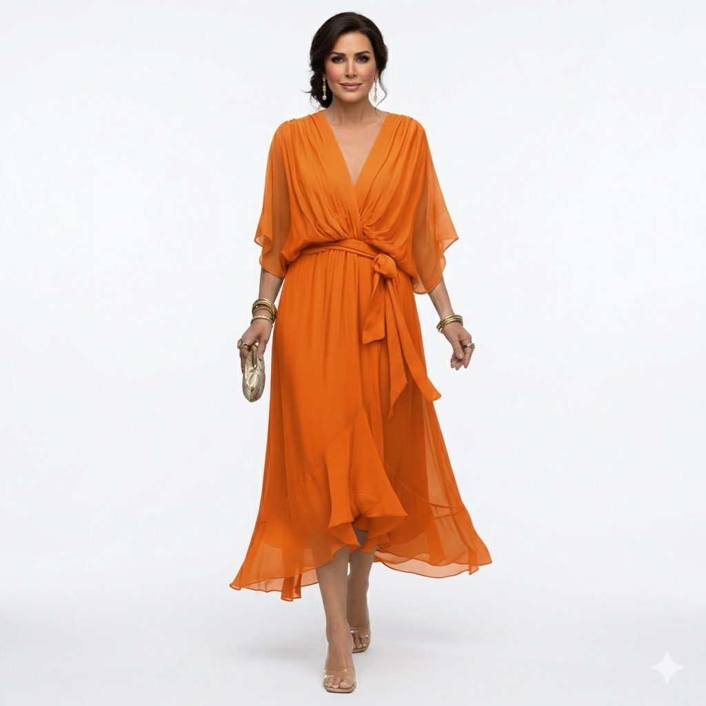 Zagda | Midi Dress V-Neck Batwing Sleeves