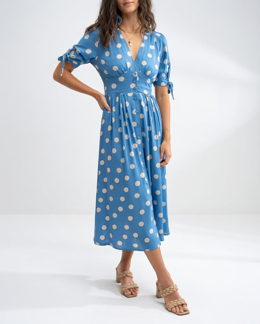 Fabienne | Polka Dot Button Front Midi Dress