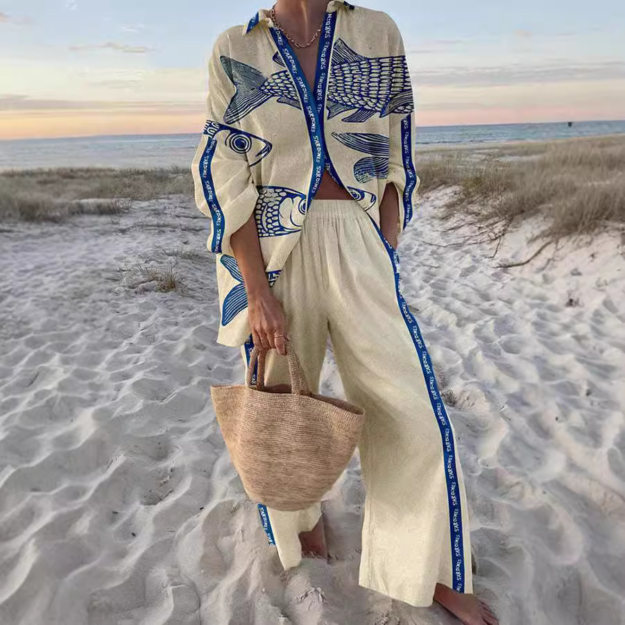 Lynikka | Two Piece Fish Print Wide Leg Set