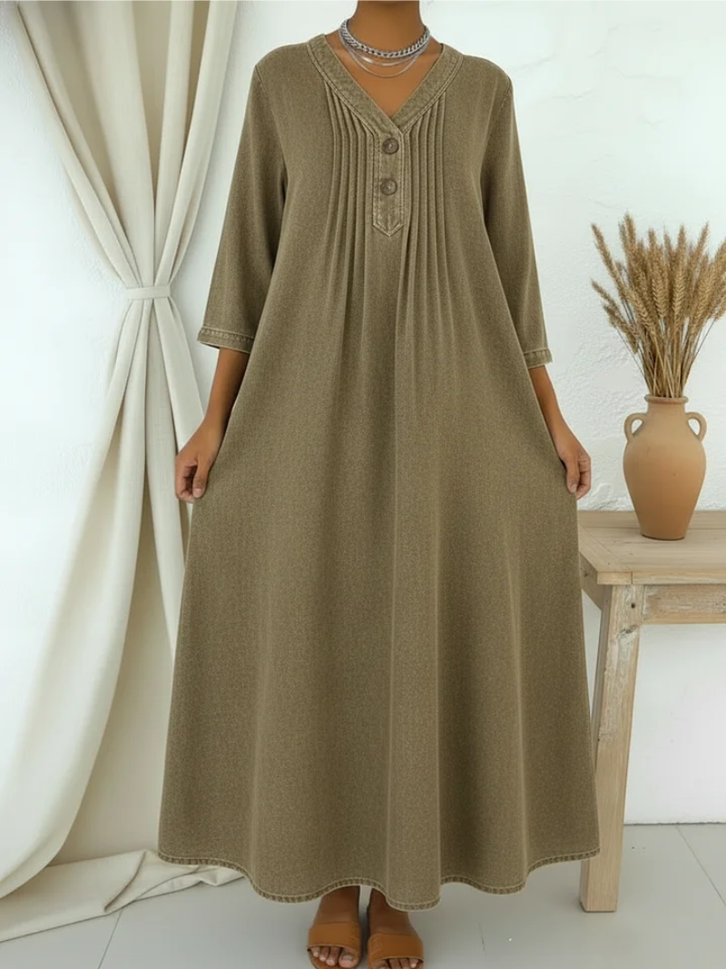 Danjela | Pleated V-Neck Denim Maxi Dress