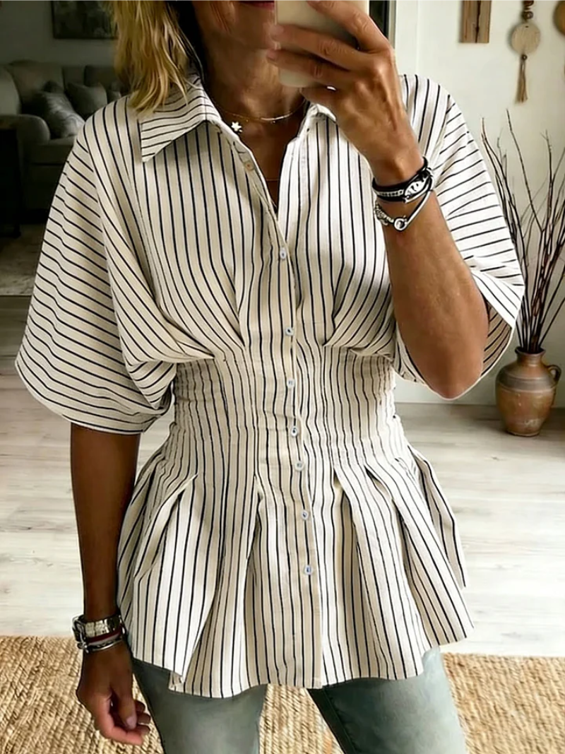 Sudeeksha | Striped Button Front Short Sleeve Blouse