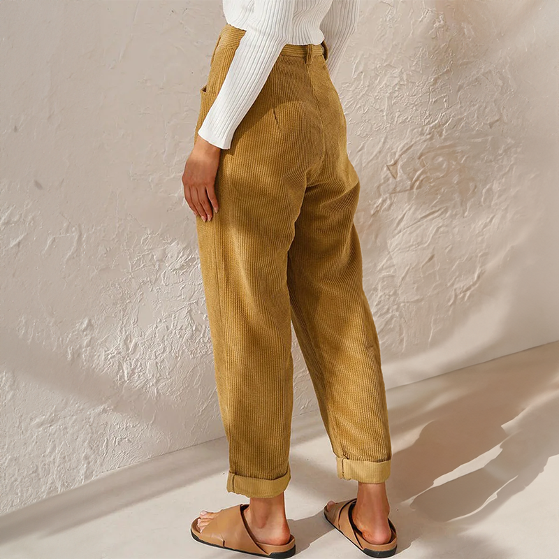 Sylvia | High Waist Corduroy Trousers with Rolled Hems