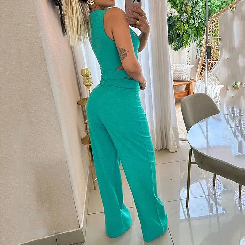 Alwinea - Wide Leg Trouser Set Sleeveless Crop Top