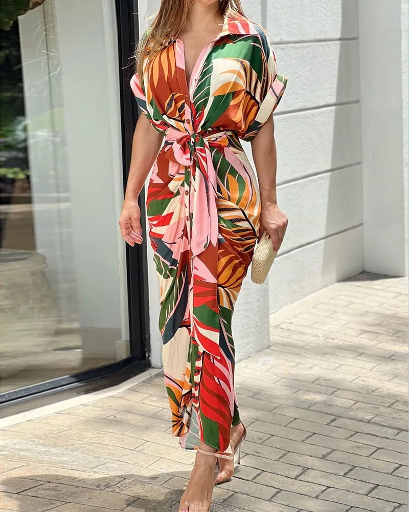 Wiora | Tropical Print Belted Shirt Midi Dress