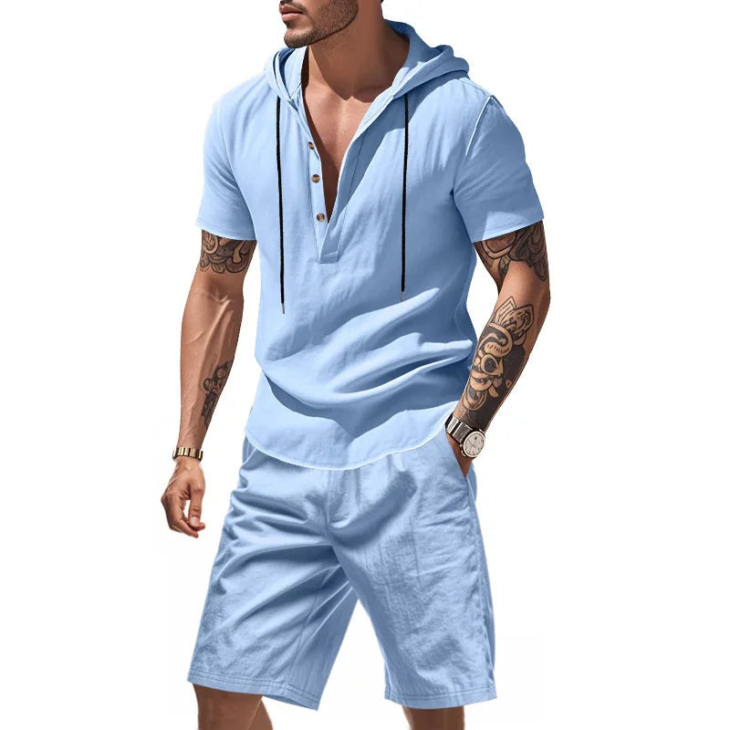 Wiliam - Short Sleeve Hooded Top and Shorts Set