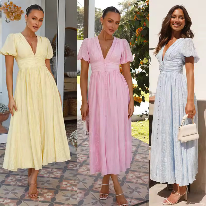 Sneja | Puff Sleeve Button Front Midi Dress