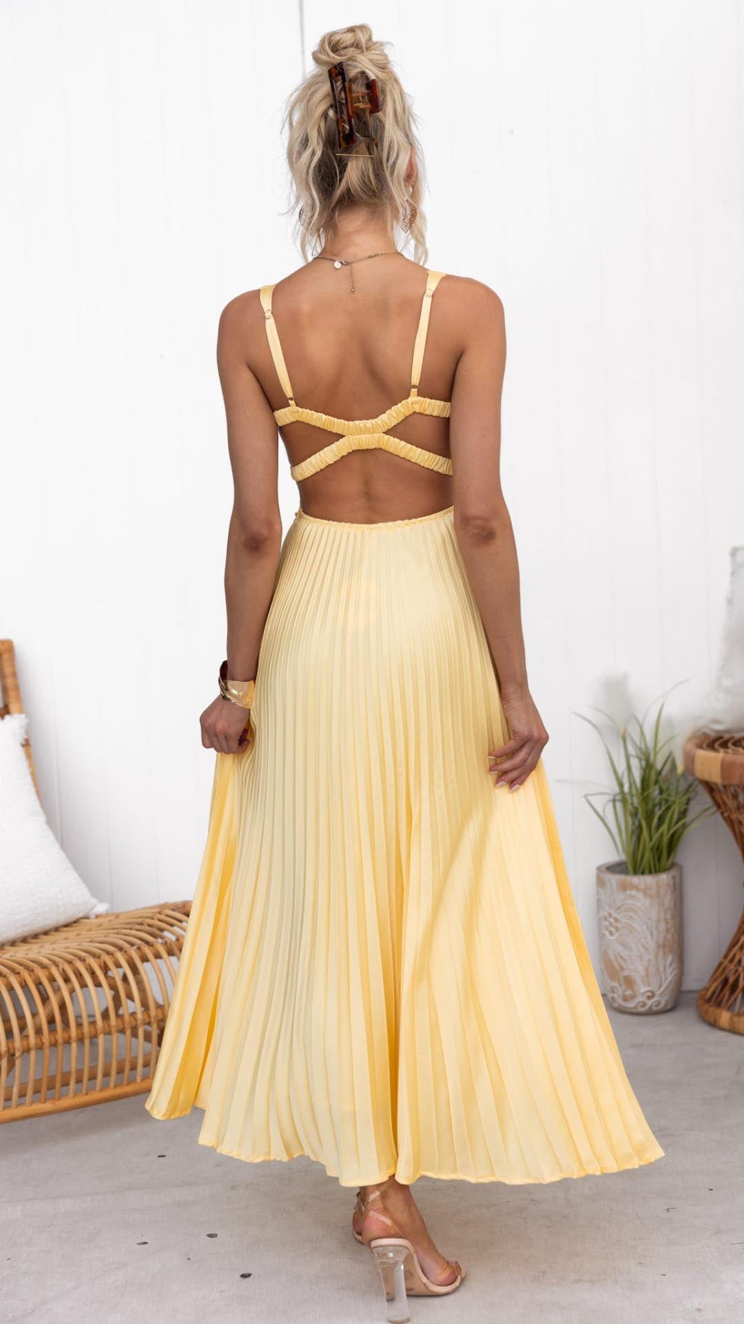 Sheree | Pleated V Neck Open Back Maxi Dress