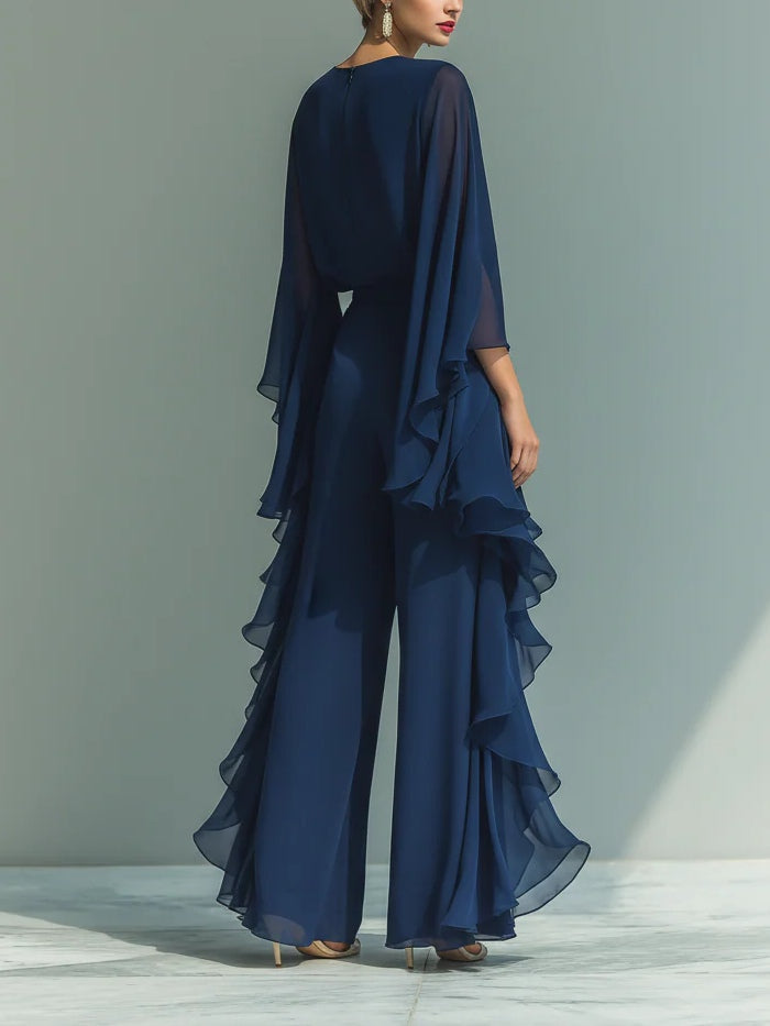 Elyssa | Navy Chiffon Wide Leg Ruffle Jumpsuit
