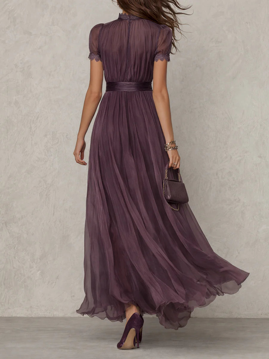 Cynthy | Short Sleeve Lace Trim Maxi Dress