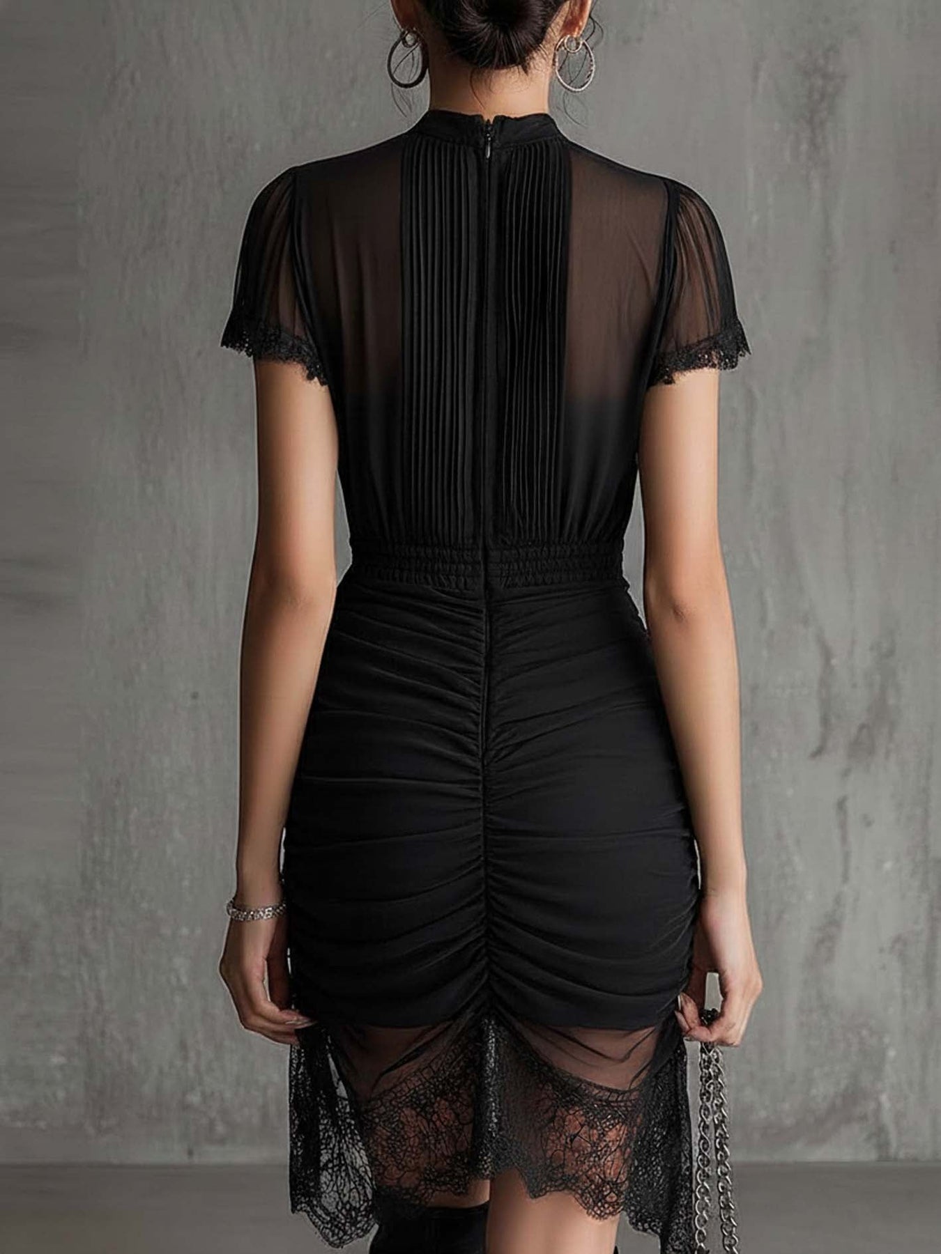 Semila | Black Pleated Lace Trim Mini Dress