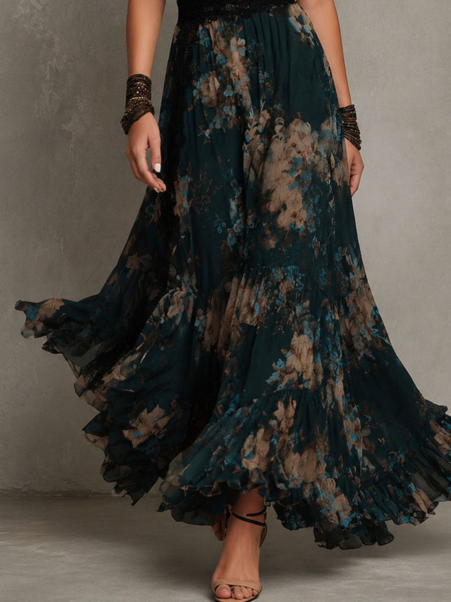 Alime | Maxi Dress Floral Lace Trim V Neck