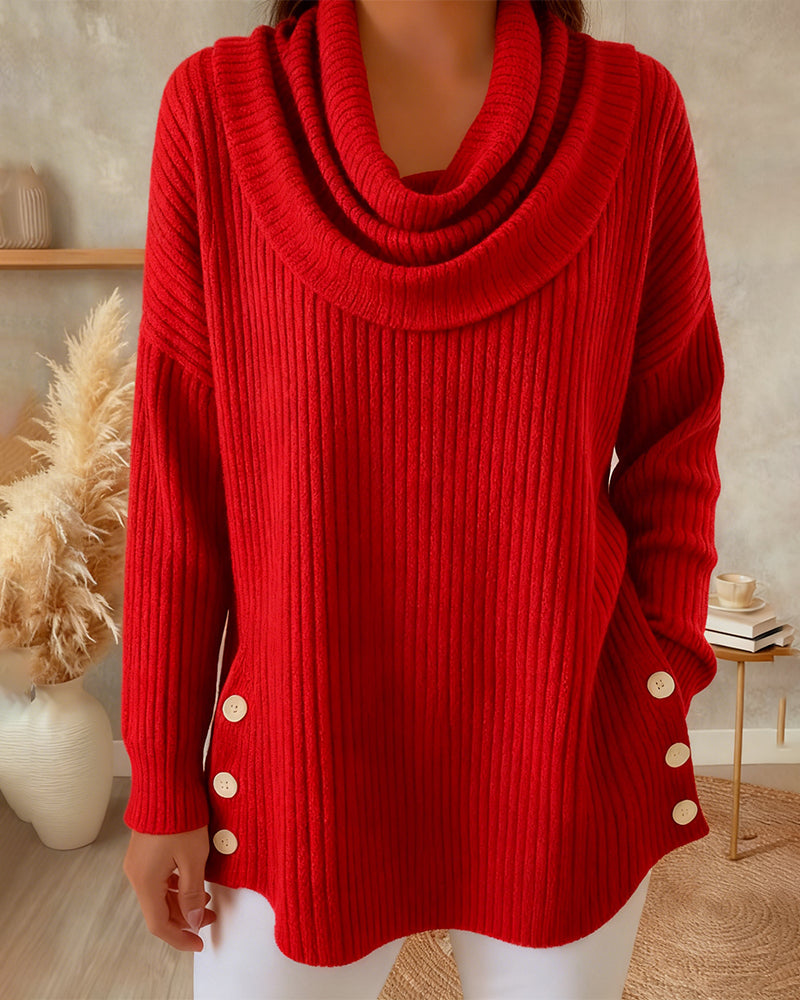 Eileen | Cowl Neck Ribbed Sweater with Buttons