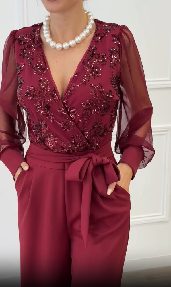 Meira - Mesh Sleeve Embellished Wide Leg Jumpsuit