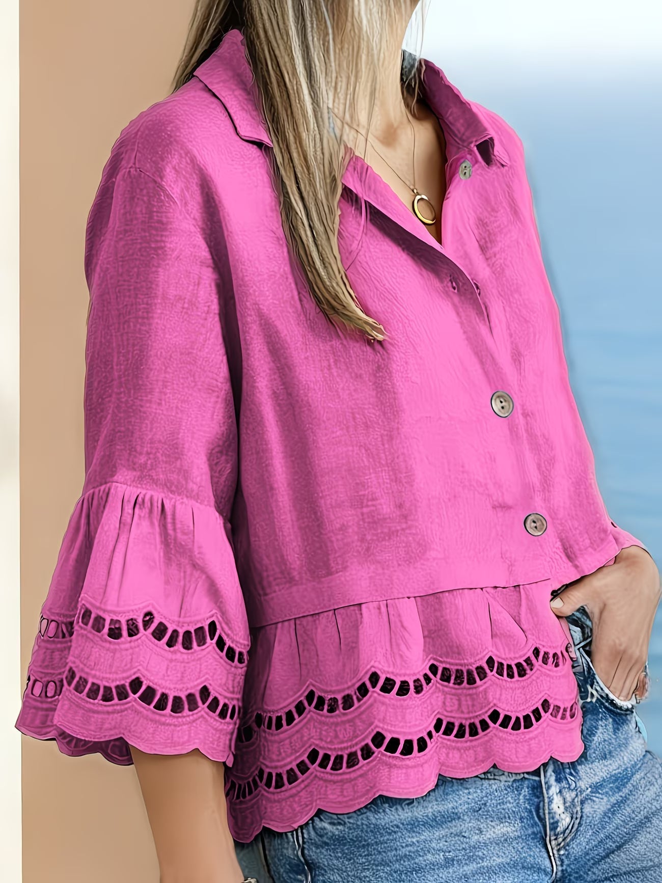 Solenn | Long Sleeve Lace Trim Button Blouse