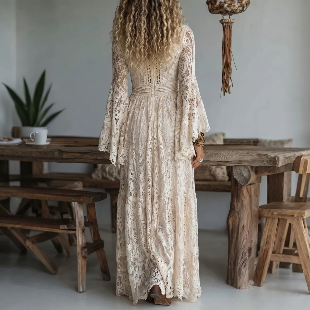 Chariya | Lace Maxi Dress Flared Sleeve Cream