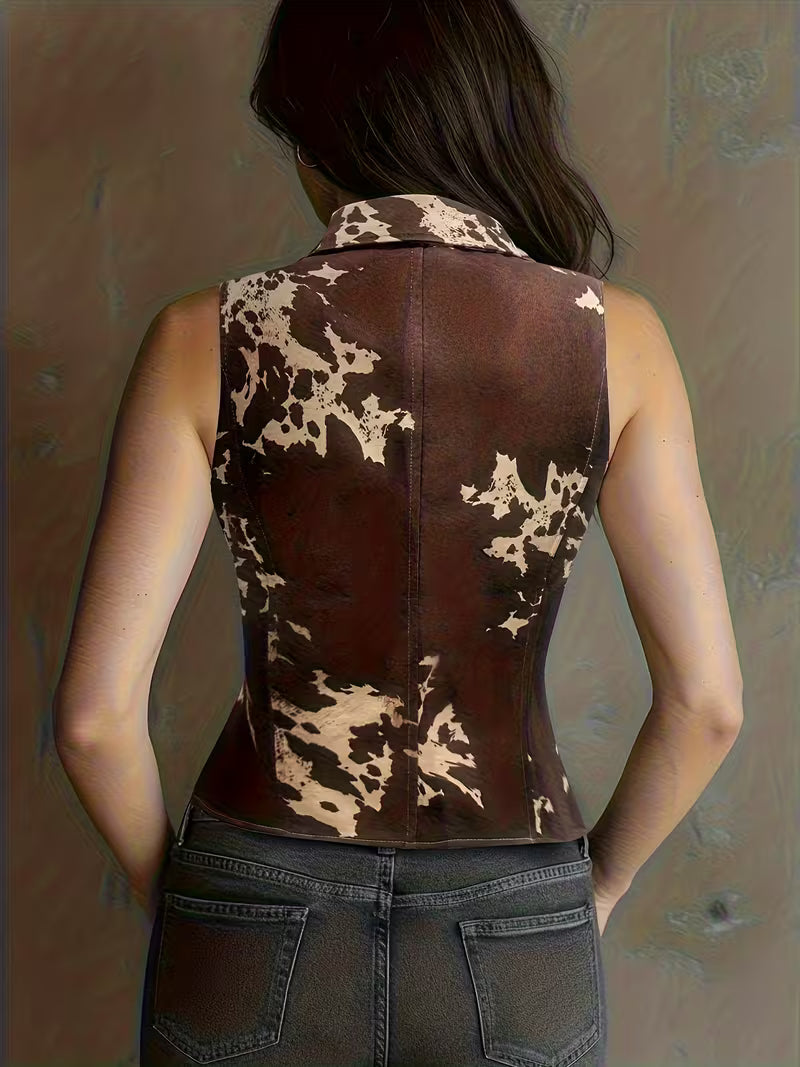 Laong | Sleeveless Collared Printed Waistcoat Top