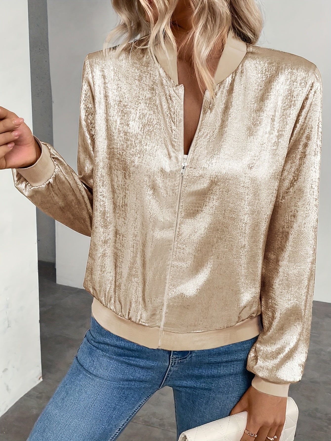 Marla | Metallic Zip-Up Long Sleeve Bomber Jacket