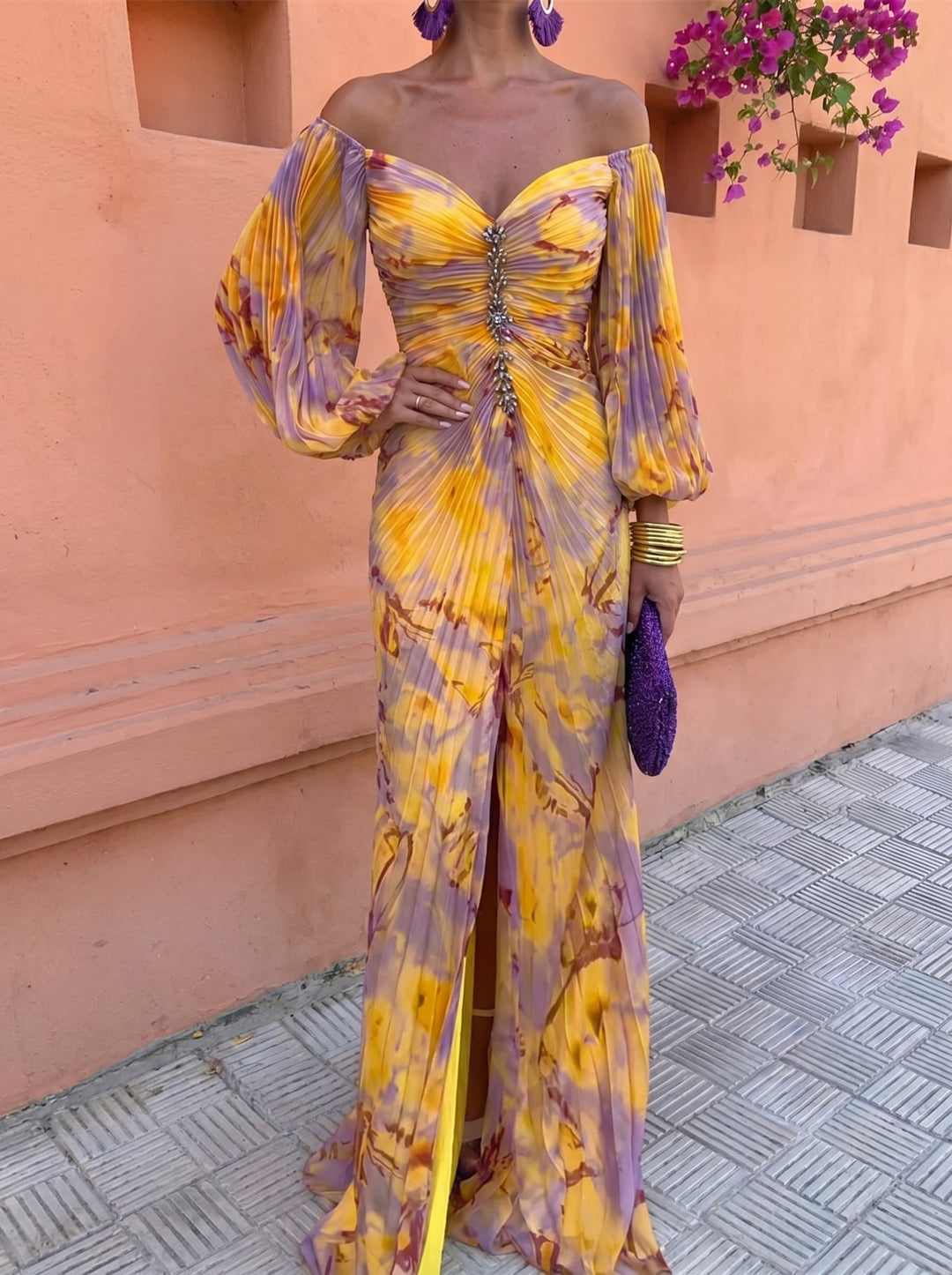 Calvillo | Printed Ruched V-Neck Maxi Dress