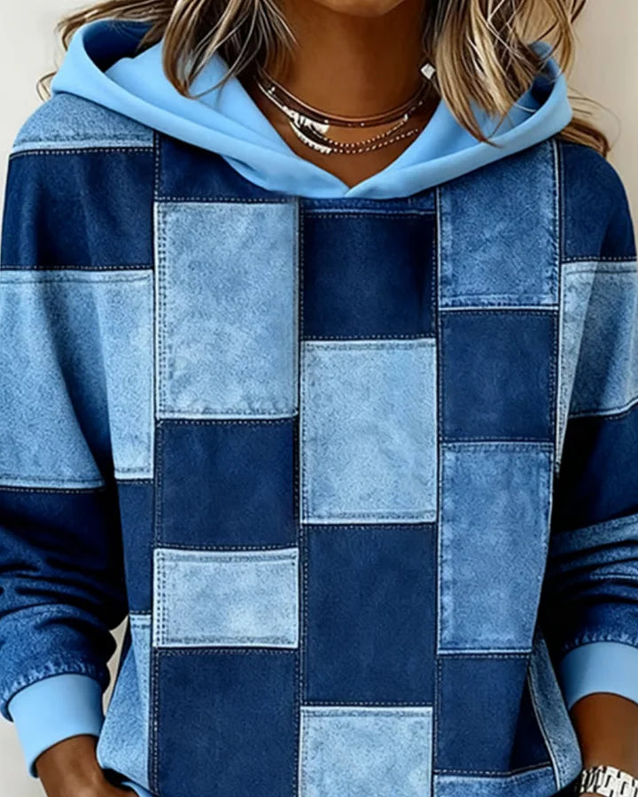 Yaralyn | Patchwork Hooded Long Sleeve Sweatshirt