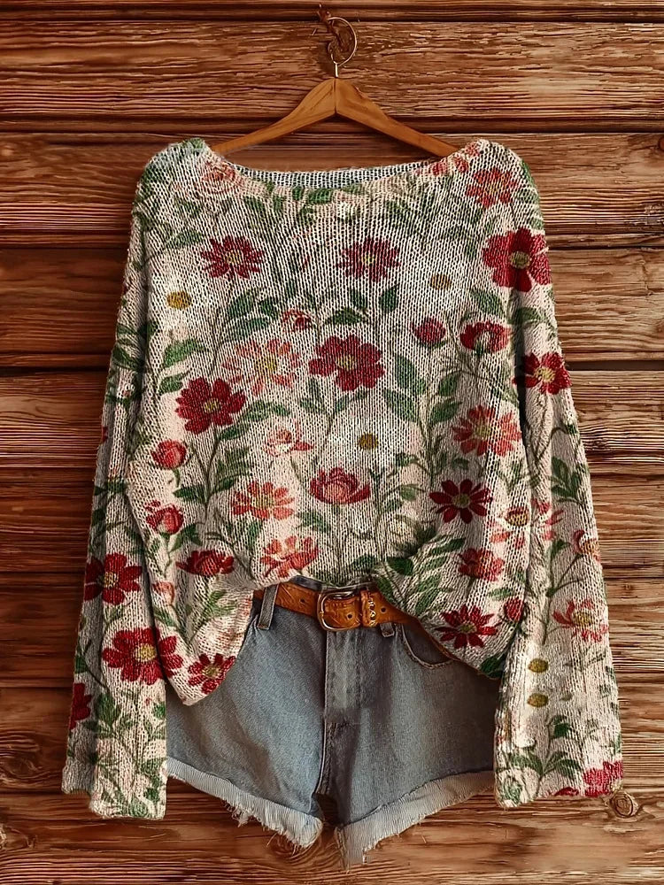 Audrina | Floral Print Long Sleeve Crew Neck Sweater