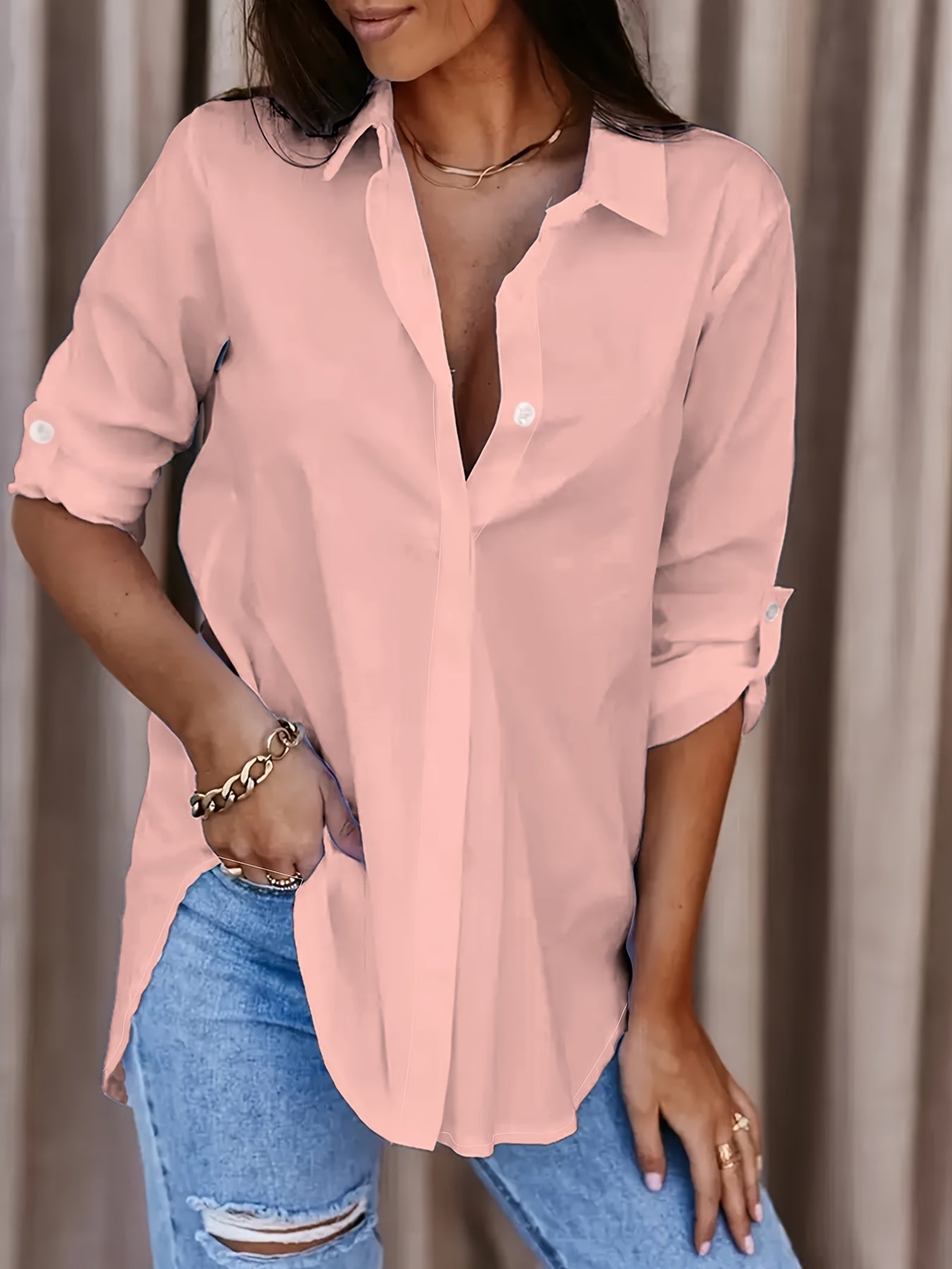 Arissa | Collared Roll Sleeve Button-Up Shirt
