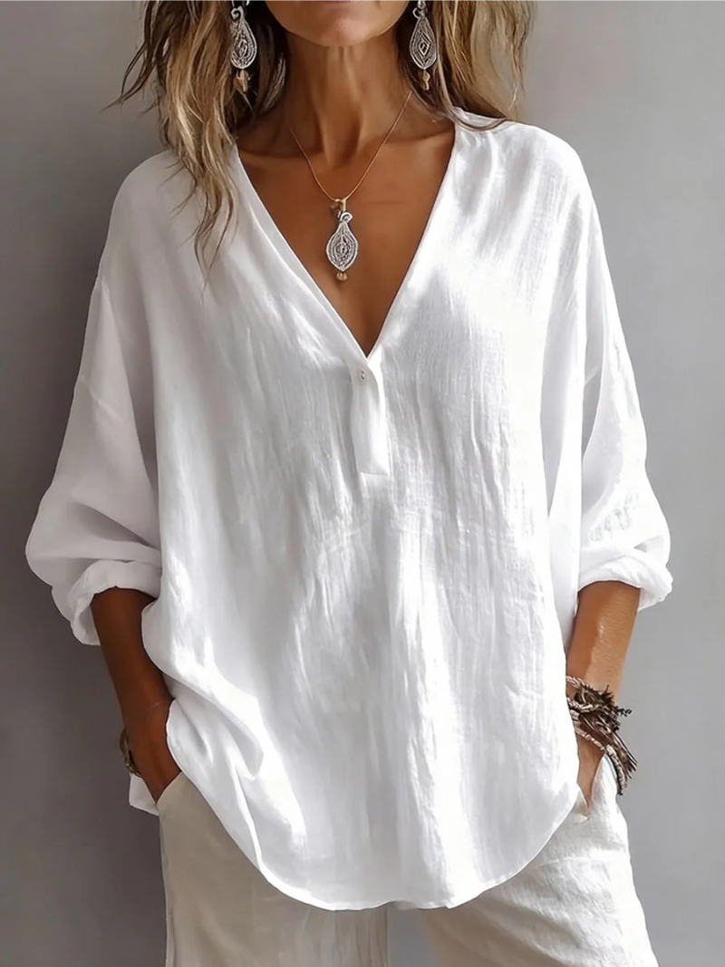Melna - V Neck Loose Fit Long Sleeve Blouse