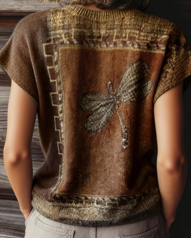 Dyniza - Knitted Sweater Dragonfly Print Short Sleeve