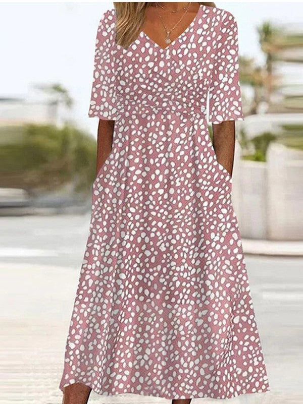 Ester | Pink Printed V-Neck Midi Dress