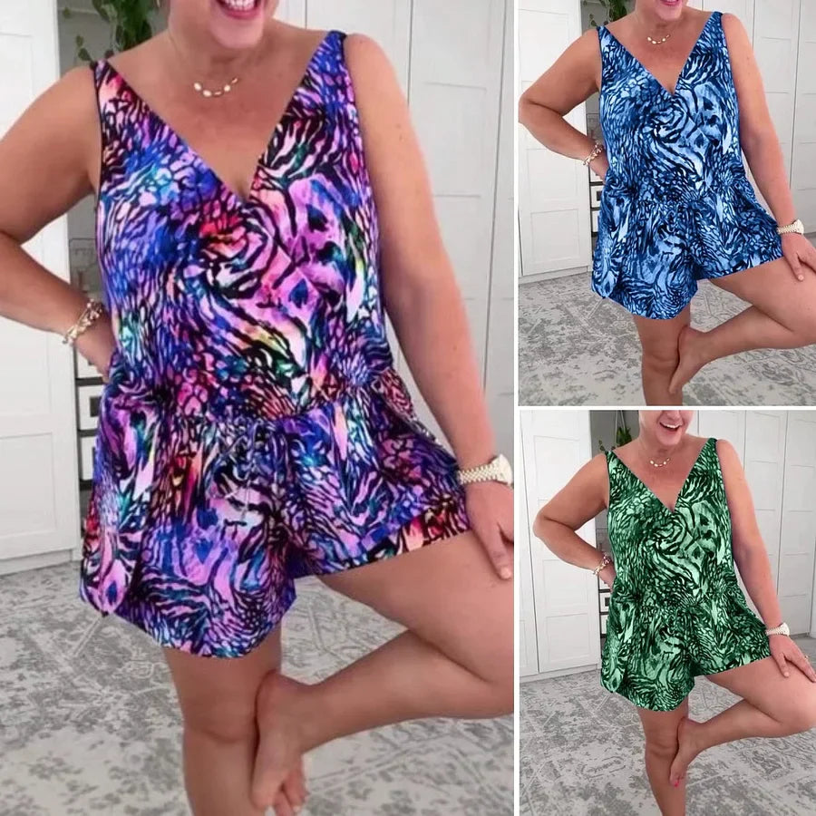 Evdoxia | Sleeveless Printed V-Neck Swim Romper