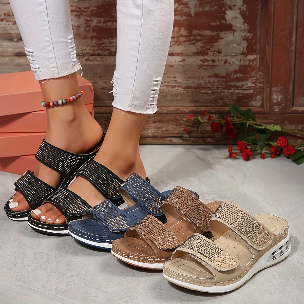 Carole | Wedge Slide Sandals with Rhinestone Straps