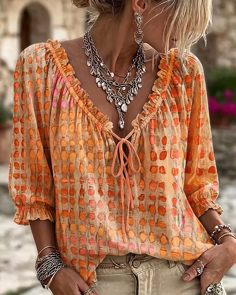 Kesney | V Neck Tie Front Printed Blouse