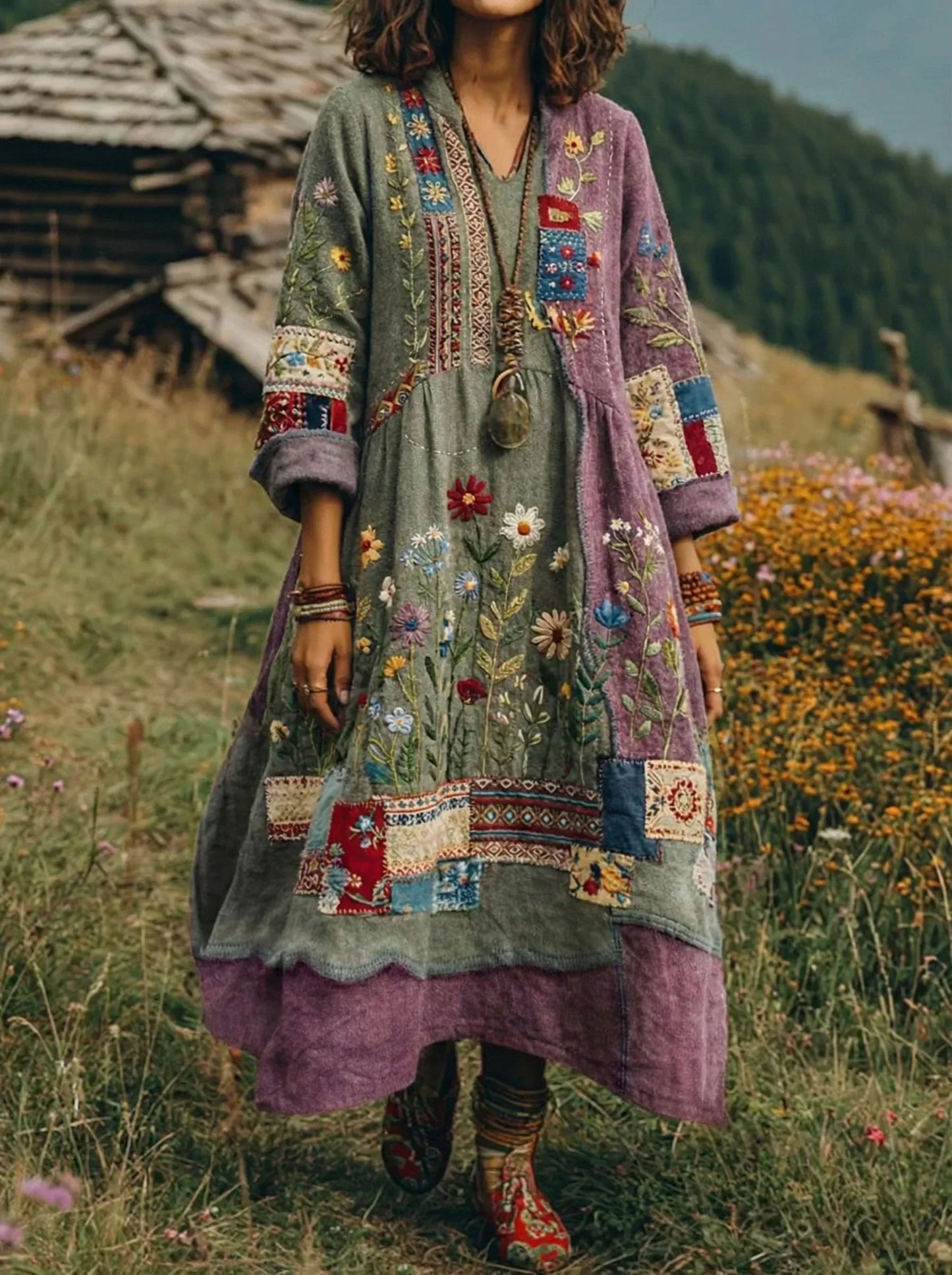 Eresha | Embroidered Boho Patchwork Midi Dress