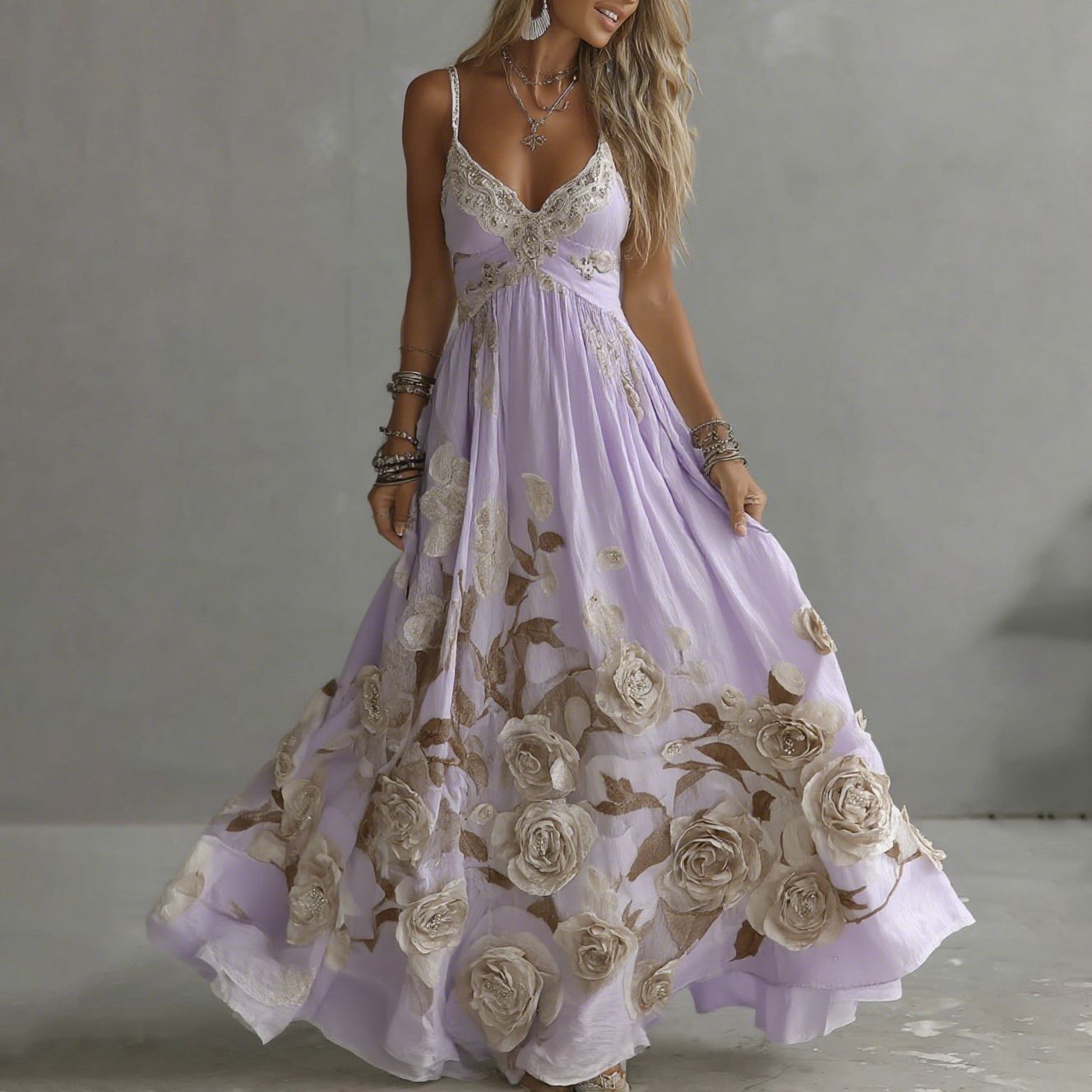 Adeluna | Floral Embroidered V Neck Maxi Dress