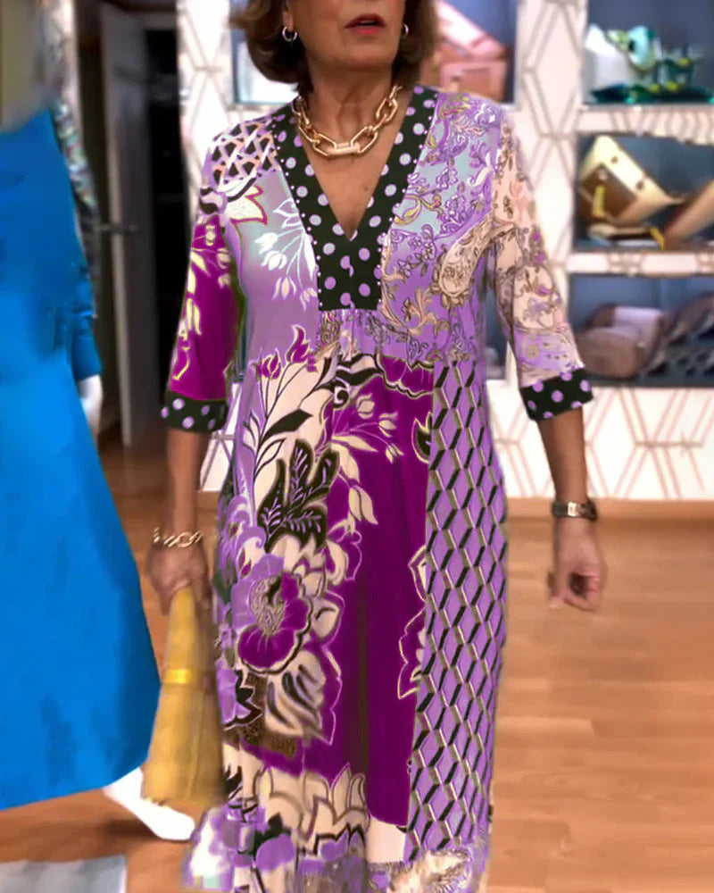 Charmaine | Printed V-Neck Three-Quarter Sleeve Maxi Dress